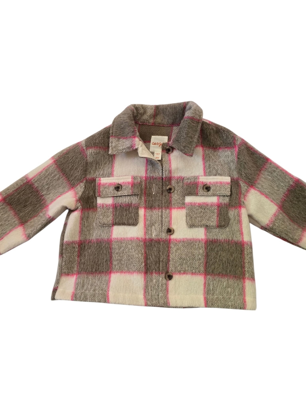 Cat & Jack Girls Plaid Pea Coat - Pink & Gray